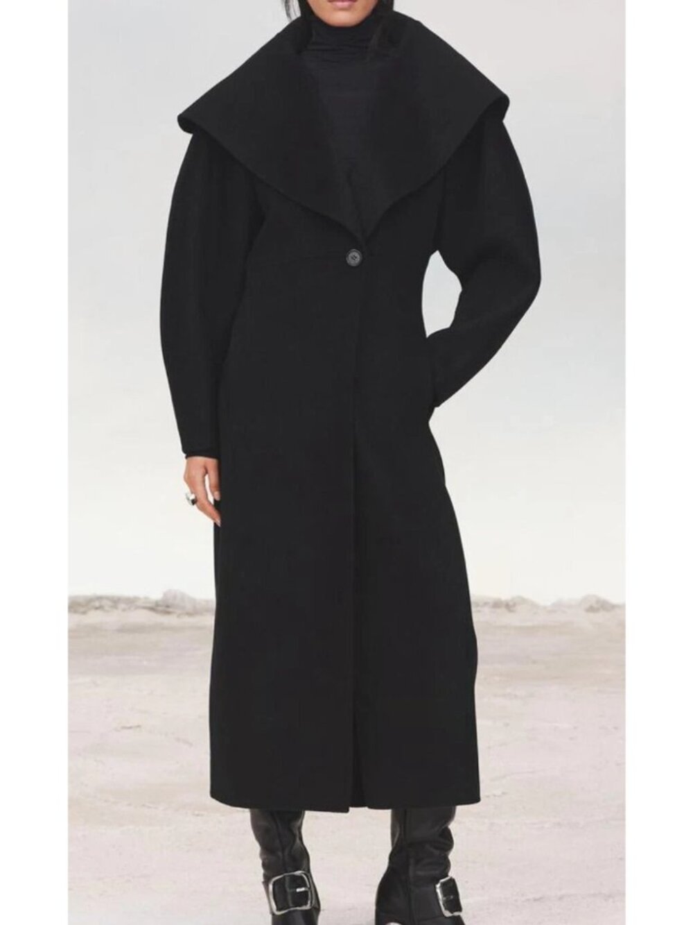 Zara Womens Coat Medium Black Wool Long Jacket Shawl Collar 3692/950 NWOT